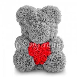 Серый мишка из роз с сердцем 40 см