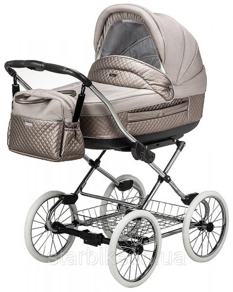 Коляска 2 в 1 классическая Roan Marita Prestige (14" белые колеса, хром рама) P230 бежевый - бежевая (кожа) перламутр