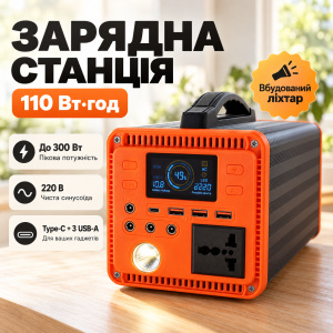 Зарядная станция 110Wh 300W чистая синусоида Type-C с фонарем