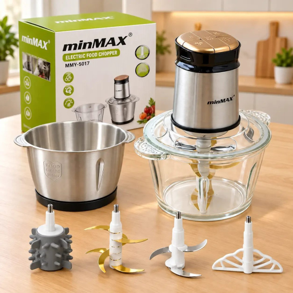 Фото Все для кухни Кухонный измельчитель из нержавейки, 1800 Вт, 3,8 л, 2 чаши, 4 насадки, minMAX MMY-5017, Серебристый / Чоппер / Кухонный комбайн