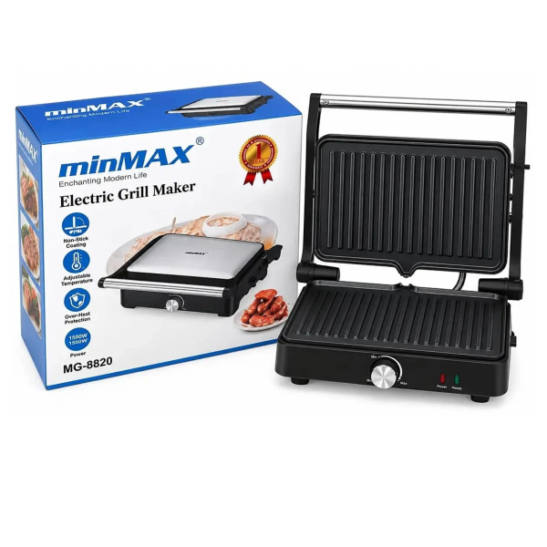 Фото Все для кухни Электрогриль 1500 Вт, minMAX MG-8820, Серебристый / Контактный гриль / Гриль с антипригарным покрытием / Гриль для шаурмы