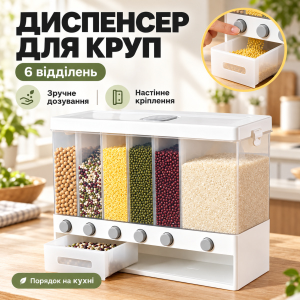 Фото Все для кухни Диспенсер для сыпучих продуктов с дозатором, 6 отделений / Кухонный органайзер с мерным контейнером / Контейнер для хранения круп