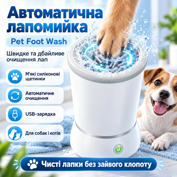 Фото Товары для животных Лапомойка автоматическая Pet Foot Wash, от USB, Белый / Лапомойка с силиконовыми щетинками / Мойка для лап собак