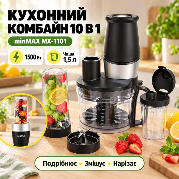 Фото Все для кухни Кухонный комбайн с насадками, 1500 Вт, minMAX MX-1101, Черный Блендер Смельчитель Кофемолка Слайсер Чоппер