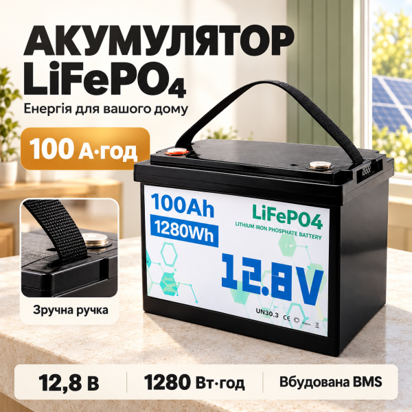 Фото Электроника Аккумулятор LiFePO4 12V 100Ah 1280Wh для солнечных панелей и ИБП, Черный / Литиевый аккумулятор / Батарея LiFePO4 12 вольт 100А
