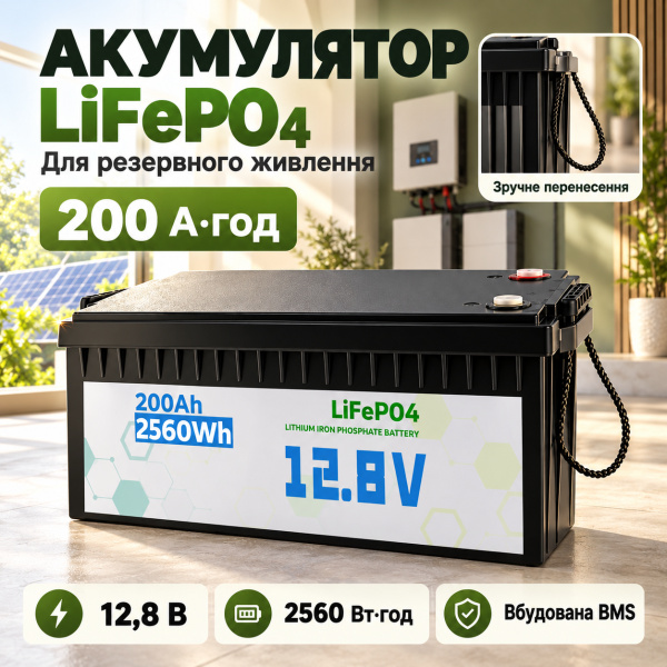 Фото Электроника Литиевый аккумулятор LiFePO4 12.8 В 200 Ач 2560 Вт*ч АКБ для инвертора ИБП и резервного питания