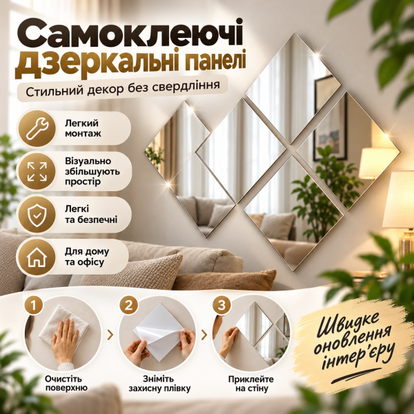 Фото Товары для дома и сада Набор самоклеящихся зеркальных акриловых панелей 40×40 см, 4 шт., декоративные зеркала наклейки на стену для дома и интерьера