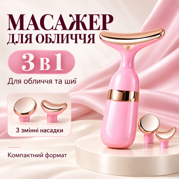 Фото Красота и здоровье Лифтинг массажер для лица и шеи 3 насадки, Розовый / Микротоковый массажер для лица / Массажер для глаз