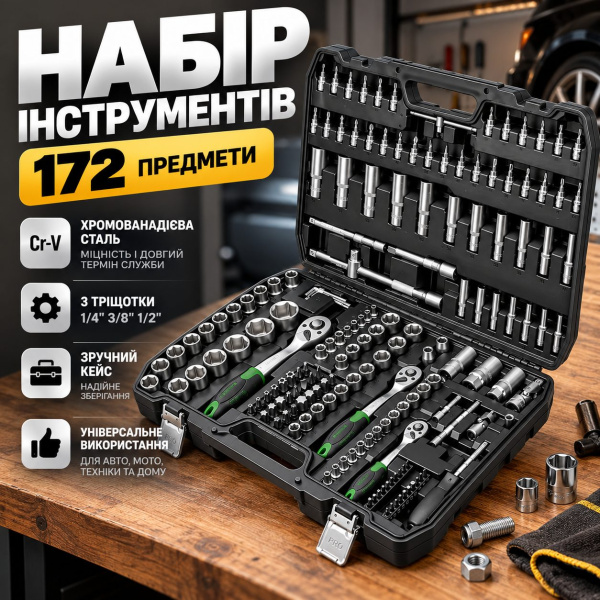 Фото Автотовары, электроинструмент, ручной инструмент Набор инструментов в кейсе (172 предмета) ES-172, Черный / Набор головок с трещоткой / Набор инструмента для авто