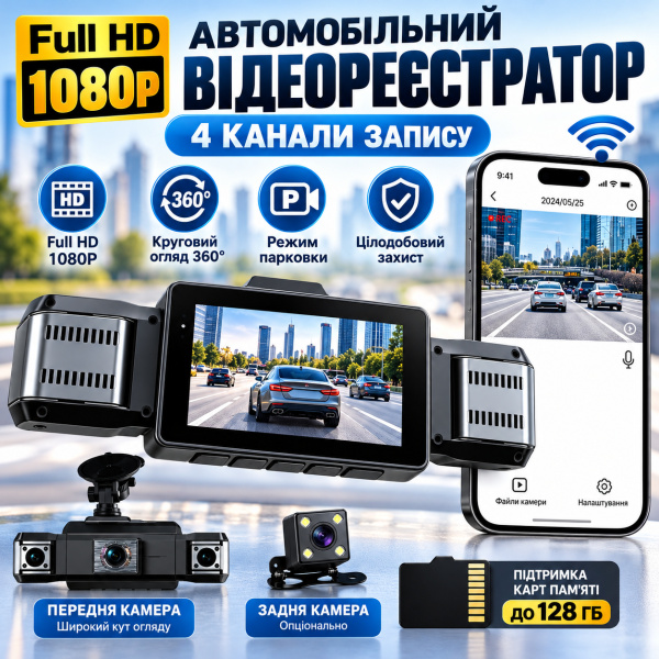 Фото Автотовары, электроинструмент, ручной инструмент Автомобильный видеорегистратор 4/3-канальный Full HD 1080P, с поворотными камерами 360°, экраном и поддержкой карты памяти до 128