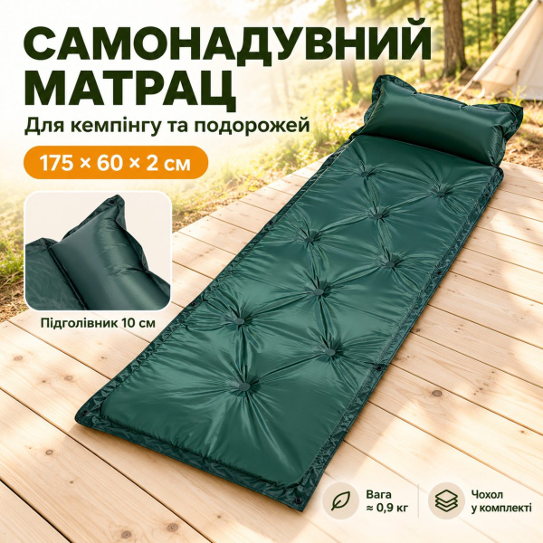 Фото Спорт, здоровье, туризм Самонадувающийся матрас для кемпинга 175×60×2 см туристический матрас в палатку односпальный надувной с подголовником Зеленый