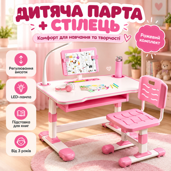 Фото Детский мир, детские товары Растущая детская парта со стулом и LED-лампой 70×49 см, Розовый регулируемый письменный стол с подставкой для книг, комплект