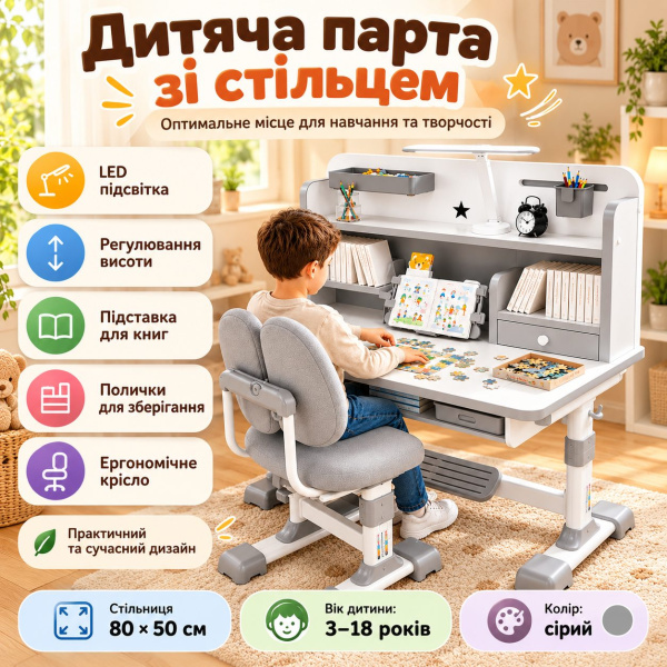 Фото Детский мир, детские товары Детская парта со стулом, 80х50 см, Серый / Стол для рисования / Парта для школьника